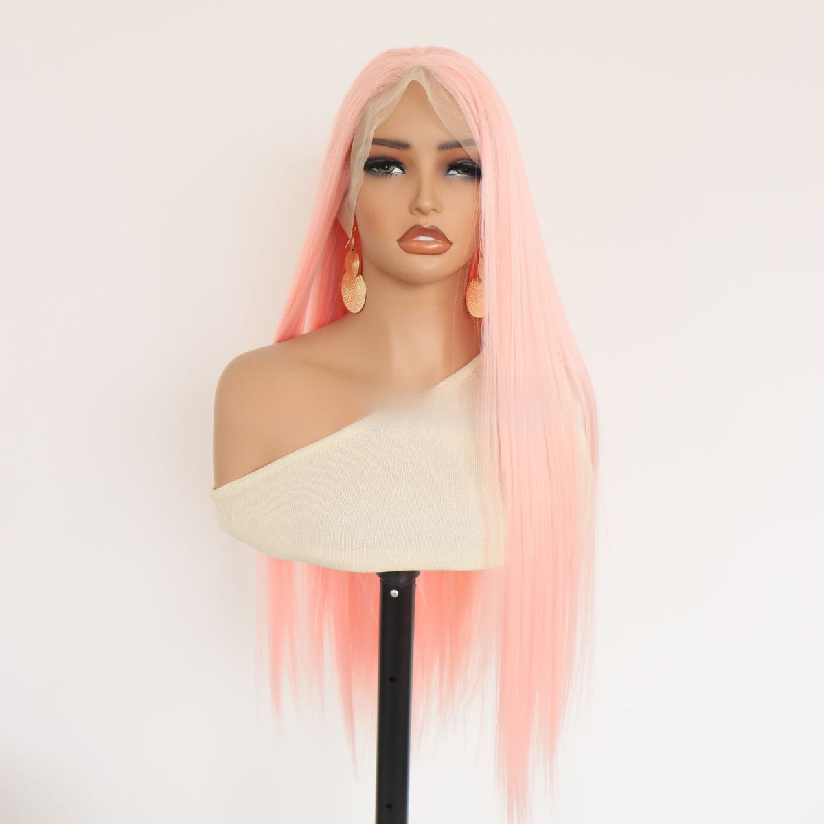 Light pink long straight lace front wig — product photo 2
